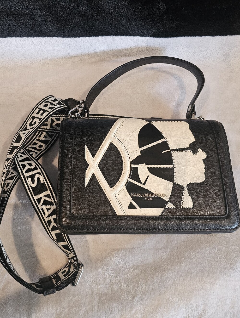Karl Lagerfeld Black and White Logo Panel Shoulder Bag
